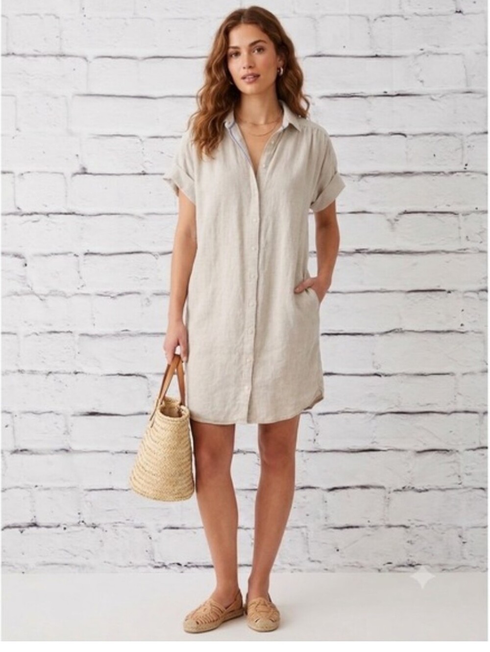 J. Crew Briar Mcnutt Irish Linen Cream /Tan Short Sleeve Button-Down Shirt Dress